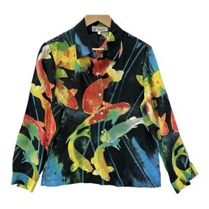 VTG Z Silk Blouse Beaded Colorful S Blouse Koi Fish Button Up Artsy Art To Wear